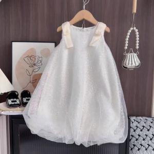 Summer New Girls Sequined Lace Bow Bubble Princess Dress Korean Version Fashionable Solid Color Kids Clothes 2-7 Years Old2026