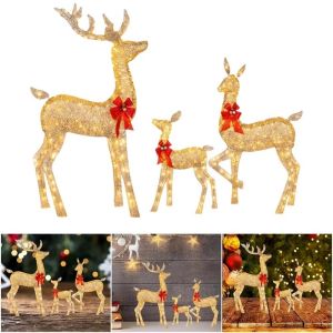 XYAX Acrylic Lighted Reindeer Statue With Bow 2D Flat Christmas Deer Ornament Christmas Decor Golden Reindeer Deer Xmas Luminous Reindeer Ornament
