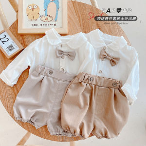 BestBorn 0-3 year old baby spring suit baby solid color long sleeve shirt and shorts two-piece clothes set newborn toddler boys gentleman suit