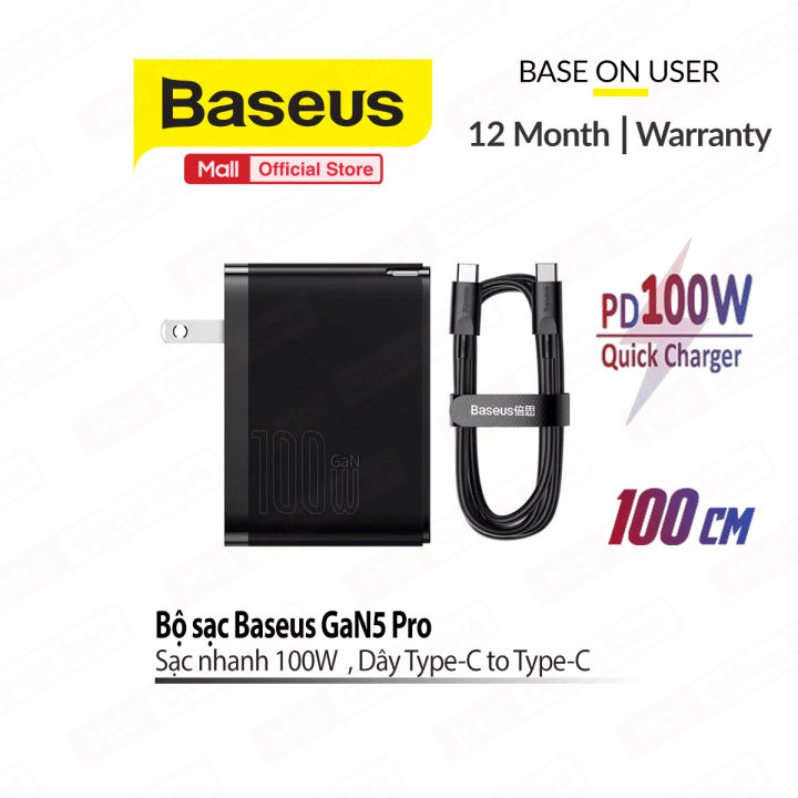 Bộ sạc nhanh 100W Baseus GaN5 Pro chân dẹt gập 1 cổng Type-C/USB kèm ...