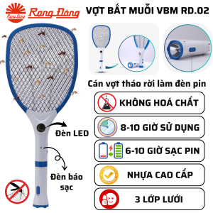 (Rạng Đông) Vợt bắt muỗi Cán vợt tháo làm đèn pin 3 lớp lưới - Cách điện an toàn VBM RD.02