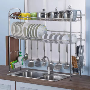2-Layer Stainless Steel Kitchen Sink Drain Rack Multi-Functional Desktop Drying Rack Kitchen Dish Organizer
