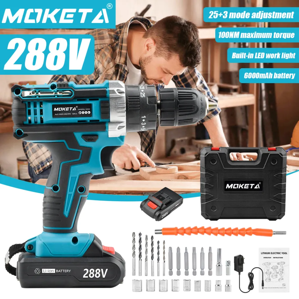 MOKETA 1500W 288VF Cordless Electric drill set with LED light power tool With 2 Lithium Batteries With 24PCS Accessories Lazada PH