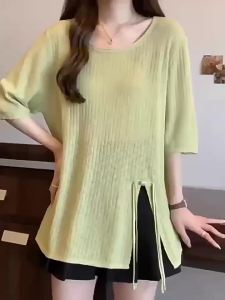 Plus Size WomenS Spring And Summer Solid Color Loose Slimming And Youth-Preserving Irregular Slit Short-Sleeve T-Shirt