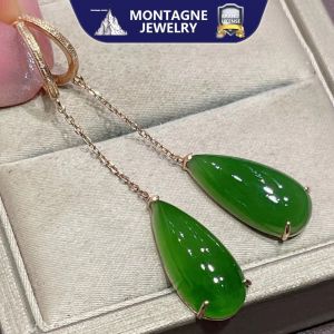 Montagne Jewelry 18k Pure Gold earring for women Teardrop Design Diamond Inset Fine Jewelry Natural 18.8x8.8mm Grade A Green Jade Earrings Drop Earring