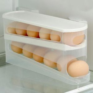 DJRGS Plastic Double Layer Egg Storage Box Large Capacity Space Saving Auto Rolling Egg Dispenser Fridge Egg Tray Stackable Refrigerator Egg Organizer for Kitchen