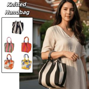 COSE Sweet Women Knitted Handbag Japanese Style Large Capacity Stripe Small Bag All-match Korean Style Handheld Commuting Pouch Girls