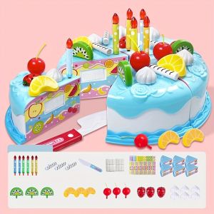 Pretend Play Plastic Birthday Cake Toy - Cutting Simulation Cake with Slices for Kids Christmas Halloween Gift Mixed Color Educational Playset