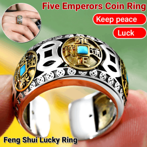 Opening Adjustable Turquoise Rings Rotatable Five Emperors Coin Ring Feng Shui Lucky Wealth Money Health Ring