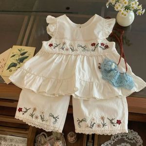 2Pcs Baby Girls Clothes Set 0‑5Y Cotton Floral Embroidery Ruffle Sleeve Top Lace Trim Pants Kids Girls Terno Set Vintage Sweet‑Style Children Garden Party Outfit