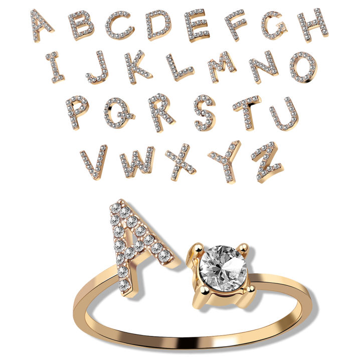 AZ Letter Gold Color Adjustable Opening Rings Crystal Alphabet Name