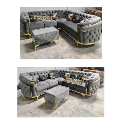 Set Sofa L Turkey Beludru List Gold - Sofa Tamu Mewah + Meja Tamu Beludru - Sofa Minimalis Ruang Tamu
