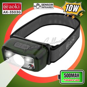 Senter Kepala Sensor 8 Mode Cahaya Putih Super Terang Tahan 6 Jam Mode Terang AOKI AK-3503G | Headlamp Tahan Air 500mah + Casan USB Tipe-C Headlamp Super Bright Tahan Lama -PS