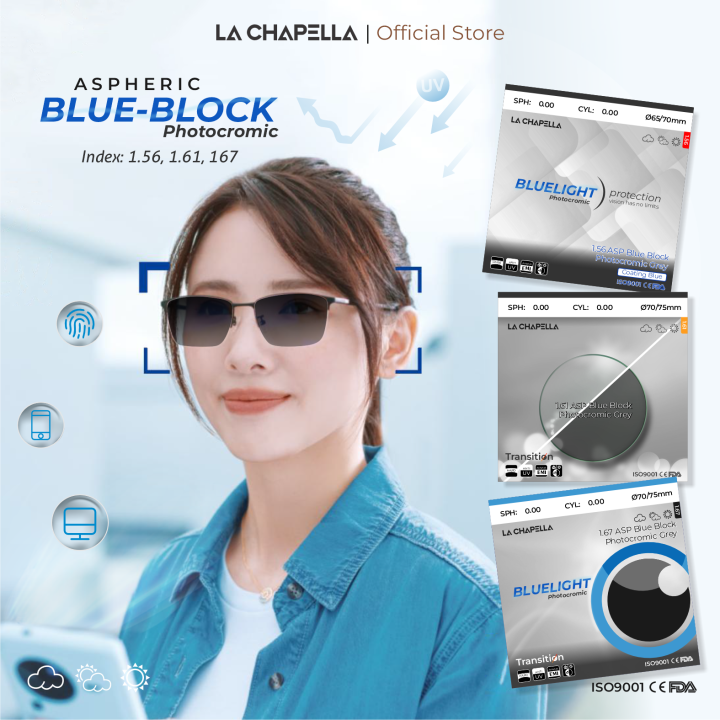 La Chapella Lensa Anti Radiasi Bluecromic Kacamata /Anti Radiasi +Anti Blue Ray + Photocromic + Anti UV 4IN1/Minus/plus/silinder L004