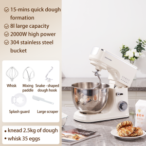 SUNATUR 8L Stand Mixer 2000W Heavy Duty Food Mixer for Baking Stainless Steel Bowl 6-Speed Control Optional Timed Fermentation Dough Hook Wire Whisk Beater Splash Guard1 Year Warranty