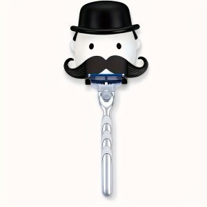 Wall-Mounted Beard Shaver Holder with Suction Cup – Gentleman Design No-Drill Installation Black & White Mustache Theme Compact Bathroom Organizer for Shavers and Razors