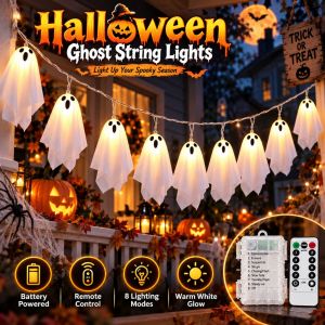 10pcs Halloween Ghost String Lights 2M Remote Control 8 Modes Waterproof Battery Box Party Halloween Decoration