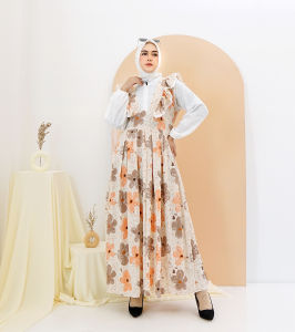Dress Gamis Renda Baju Wanita Motif Bunga Bunga Crinkle Printing D84