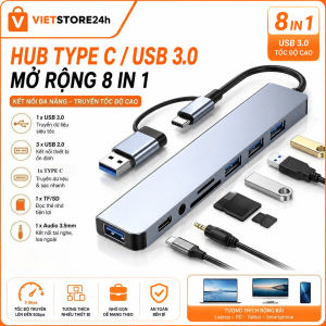 Hub type C USB 3.0 Mở Rộng 8 Port Cáp Cổng Chuyển Đổi 2 Đầu In 1 Có 3.5 Thẻ SD/TF Máy Tính Laptop Máy In