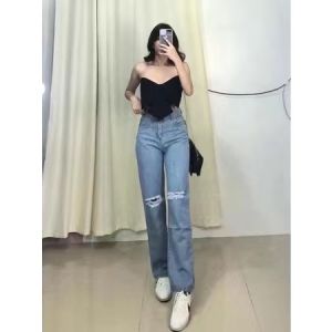 Korean Style Womens High Waist Wide Leg Pants with Knee Cut - Womenswear