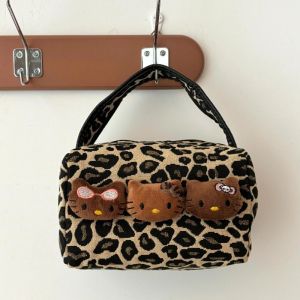 New KT Cat Leopard Pattern Tote Bag Kitty Vintage Shoulder Bag Fashion Big Capacity Handbag for School Work Shopping