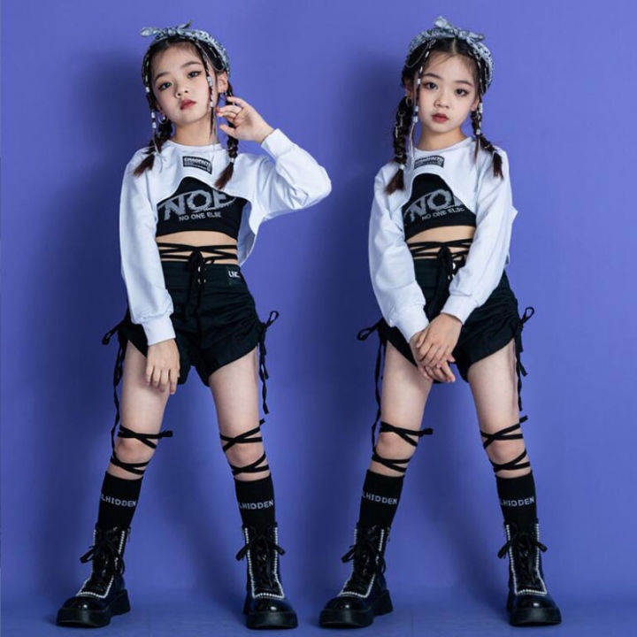 Kids Concert Kpop Street Outfits Hip Hop Clothing White Shirt Tops Mini ...