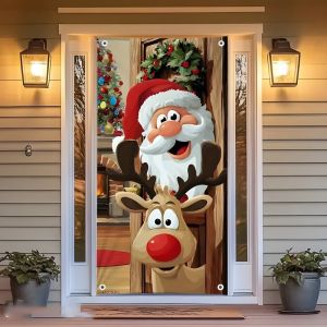 Allieuka Christmas Door Cover Decoration Cartoon Santa Claus Reindeer Hanging Banner Door Curtain Home Decor