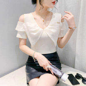 Yimei Thiết kế quần áo nữ ngoại cỡ châu Âu có nơ và Áo thun tay ngắn hở vai cho mùa hè 2024 thoải mái và co giãn với áo màu tương phản