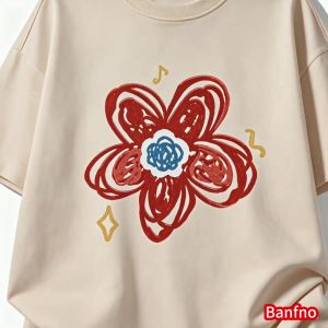 ✅ Banfno womens t shirt oversize short sleeve korean style floral print red cotton combed 32s casual t-shirt cod ready stock .C
