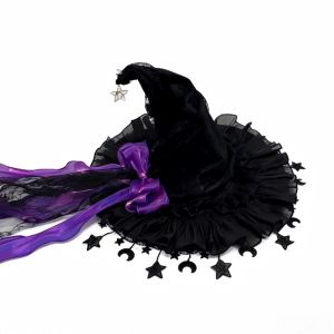 NHG Lace Halloween Hat Star and Moon Pendant Bow Ribbon Lolita Witch Hat Cosplay Accessories Bendable Wizard Cap Halloween Party