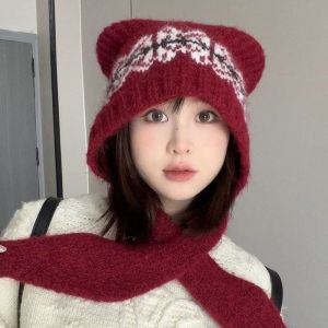 CANICECA Bear Ear Knitted Scarf Hat Thickened Windproof Ear Protection Cap Cute Cold-proof Beanies Cap for Women