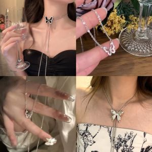 Ins Korean Butterfly Necklace Bling Summer Tassel Necklace Choker Collarbone Chain Fashionable Hollowed-out Butterfly Necklace