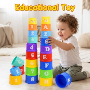 Happy Everyday.you Stacking Cups Baby Early Learning Toy Brightly Colored Bear Cup Design Numbers Letters Printed Abs Plastic Tahan Lama Suitable For Kids Aged 3 And Above Multi Purpose 9 Pieces Set