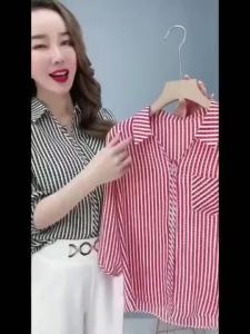 3 4 long sleeve ormal white POLO collar formal blouse for women plus size Ice Silk POLO Collar Blouse for Women Plus Size Summer Versatile Striped Three-quarter Sleeve Shirt blous