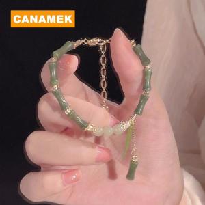 【CANAMEK】 Chinese Style Retro Green Bamboo Joint Beaded Bracelet For Womens Fashion Simple Charm Alloy Leaf Bracelet Jewelry Gift
