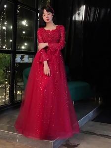 Toast Dress Bride 2023 Red New Style Host Engagement Summer Long-Sleeve High-Grade Wedding Evening Dress Gauze Skirt