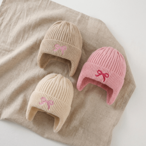 COLORF 2pcs Warm Kids Earflap Hats Embroidered Bow Windproof Beanie Cozy Head Ear Protection Knited Hat Ages 3-6Y