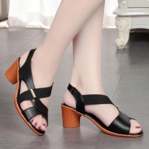 Summer Mid-heel Womens Sandals Mother Shoes High-heeled Non-slip Beef Tendon Sole Middle-aged Thick-heeled Fish Mouth Shoes