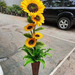 bunga matahari  super jumbo artificial kuntum 5 +pot kayu/bunga pojok ruangan