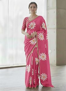 SUs Elegant Floral Digital Print Linen Blooming Saree with Gold Border & Tassels