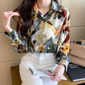 TianShun Korean version chiffon top OL work casual long sleeved shirt Womens fashionable lapel shirt