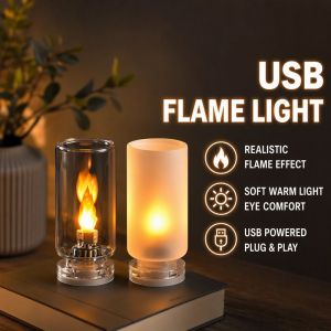 LED Simulated Flame Lamp USB Powered Flickering Warm Glow Eye Comfort Night Light Car Desk Decor Two Lampshade Options Portable