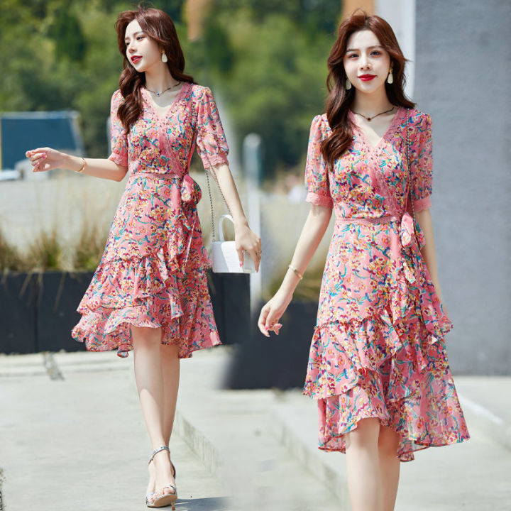 Summer Floral Chiffon Dress Women Custom Plus Size Loose Fitting Flower  Dress