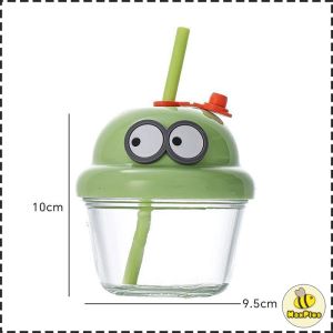 MaxPlus【Ready in Stock】 210ml Mini Glass Cup with Lid and Straw Cartoon Glass Milk Juice Cup