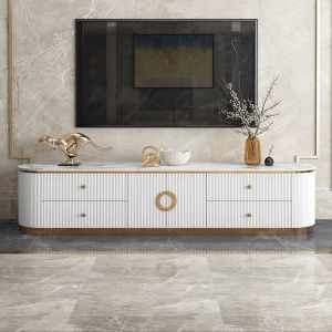 Sintered Stone TV Console Type#031 White Marbling 12mm Sintered Stone TV Cabinet Large Capacity Space TV Storage