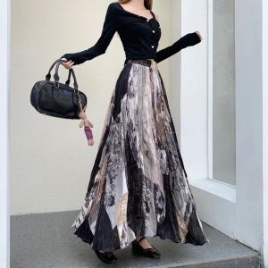 Fall Printed Maxi Skirts For Women - A-Line Flowy Pleated Long Skirt With Draped Detail Casual Elastic High Waist Boho Skirts