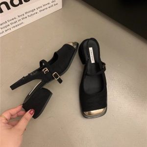 Small Fragrance Square Toe Shallow Block Heel Sandals Womens Summer New French High Heels