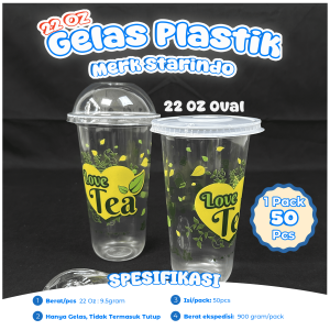 Gelas Plastik OVAL Printing STARINDO Ukuran 22 OZ isi 50 pcs / Motif Love Tea / Gelas Oval