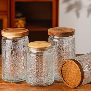 ALLUCK with Wooden Lid Storage Bottles Jars 1000ML Embossed Pattern Airtight Canister Retro Begonia Food Storage Containers Kitchen