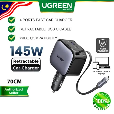 UGREEN 130W Car Charger 3 Ports PD 100W 30W SCP 22.5W Fast Charge USB C QC 4.0 Trickle Charging Stable Apple iPhone 16 17 Pro Max Laptop Tab Android Samsung S25 S24 Huawei Oppo Xiaomi Phone Myvi Bezza Saga Sedan SUV Perodua Proton BMW Mercedes